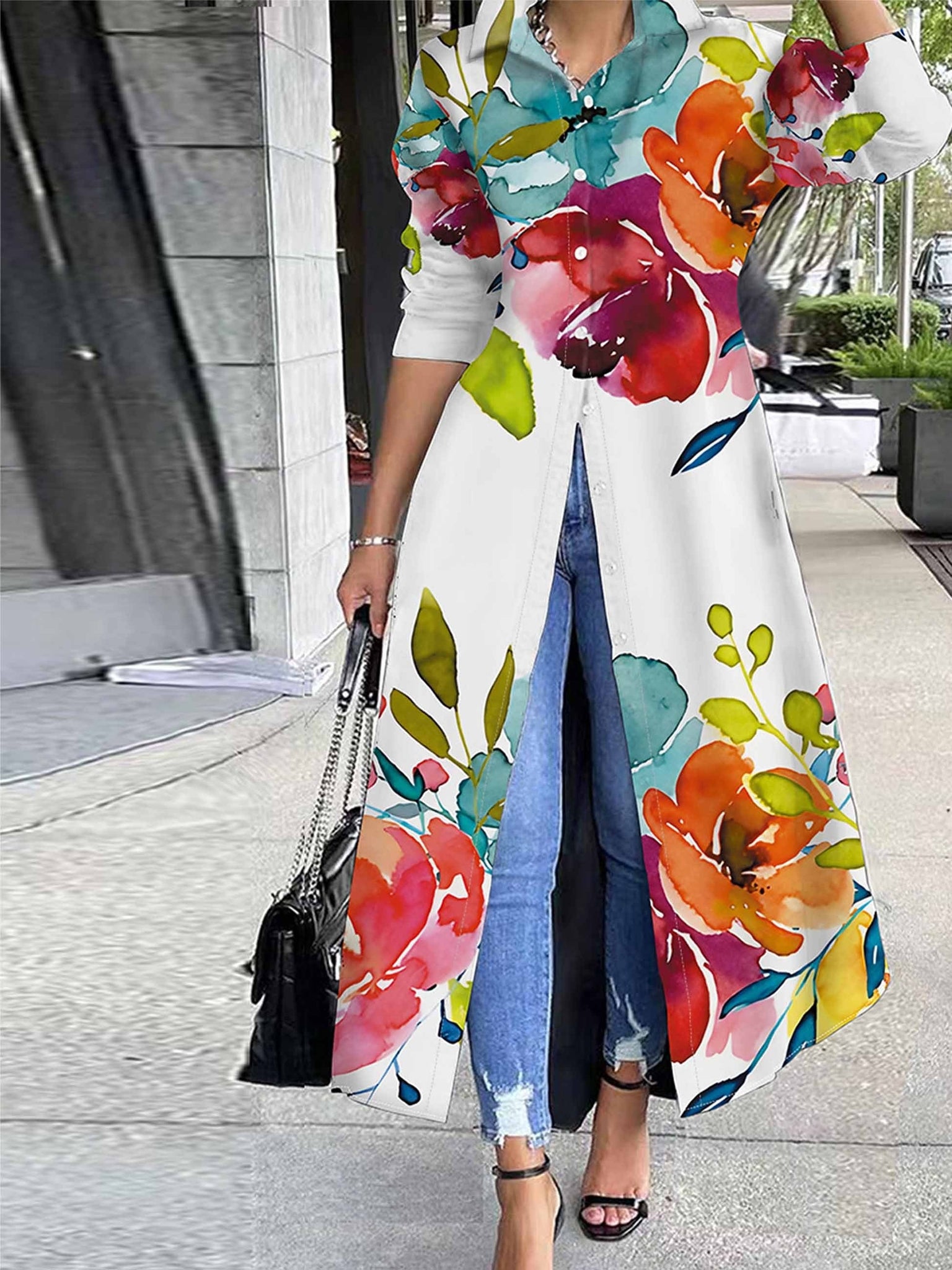 Elegant Floral Print Tunic - Long Sleeve Button Front Top, Durable & Stretch Fabric, Perfect for Any Season Furdela