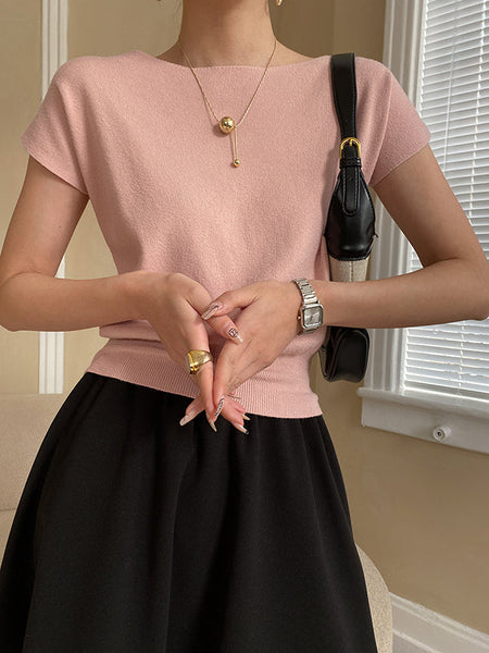 Pink Sleeve Top Short Knit Boat Loose Neck Stylish FashionChic