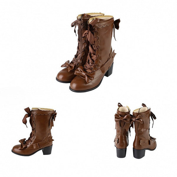 Mid-Calf Lolita Mid-heel Scalloped Brown Edge with Sweet Boots Detail Bow FashionChic
