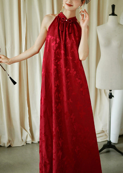 Cotton Sleeveless Jacquard Bow Maxi Red Loose Dresses FashionChic