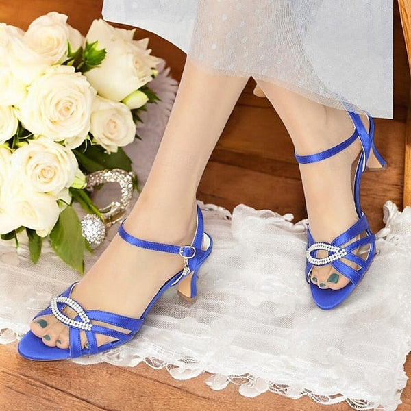 Women's Satin Dark Blue Heels Strappy with Rhinestone FashionChic