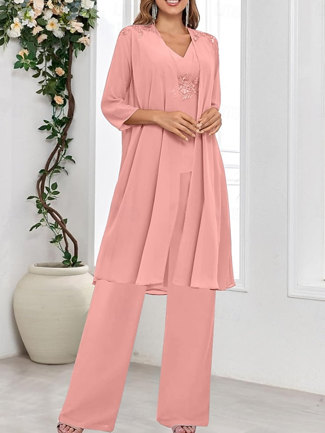 Piece Simple V of the Mother Wedding Guest Elegant 3 Dress Bride FashionChic