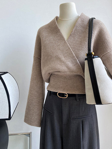 French Grey Cross V-Neck Long Sleeve Sweater QX012 shopify