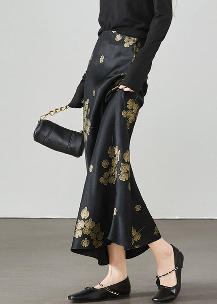 Print New Waist High Summer Skirt Silk Black FashionChic