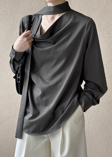 French Grey Button Bow Cotton Blouses Fall AF1058 HS-LTP240914