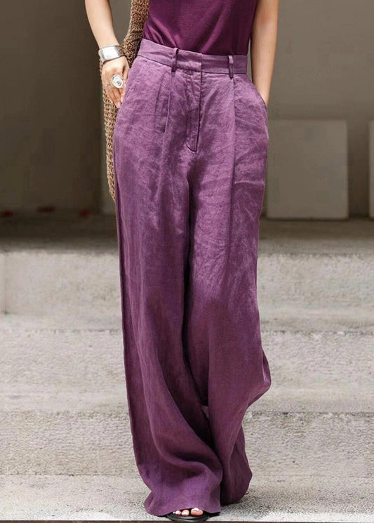 Organic Purple Pockets High Waist Linen Wide Leg Pants Fall AN1019 Genistyle Shop