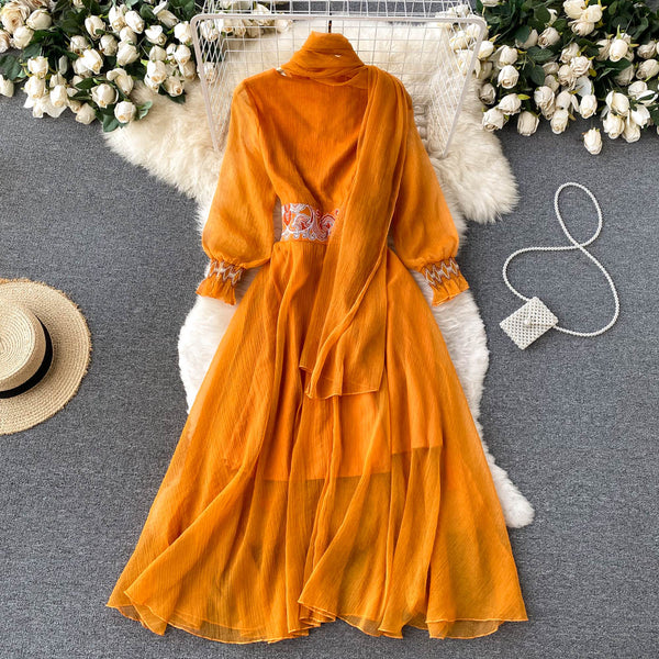 Retro Orange V Neck Splicing Embroidered Waistband Lantern Sleeve Dress AR1013 shopify