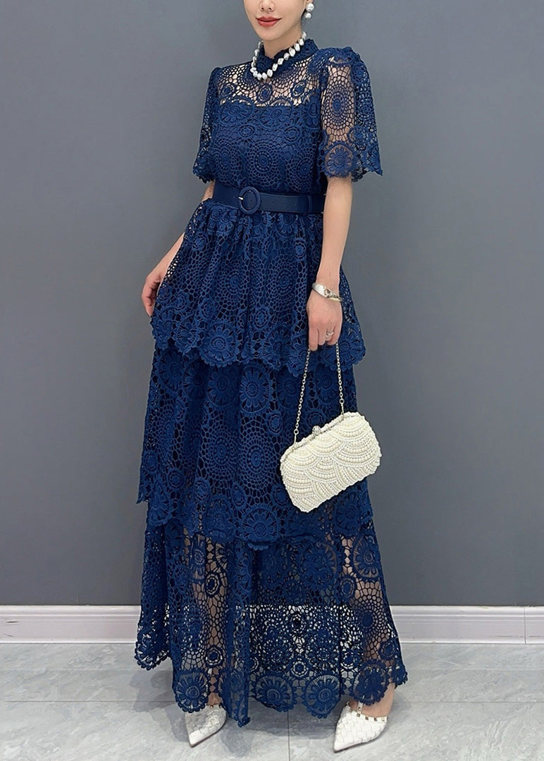Chic Navy V Neck Sashes Hollow Out Lace Long Dresses Summer AO1013 JDML-SDL240909