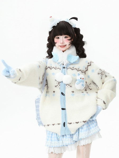 Snow White Christmas Pattern Cardigan Blue with FashionChic