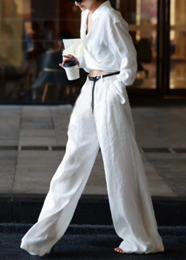 Natural White Peter Pan Collar High Waist Linen Shirts And Pants Two Pieces Set Long Sleeve AN1032 Genistyle Shop