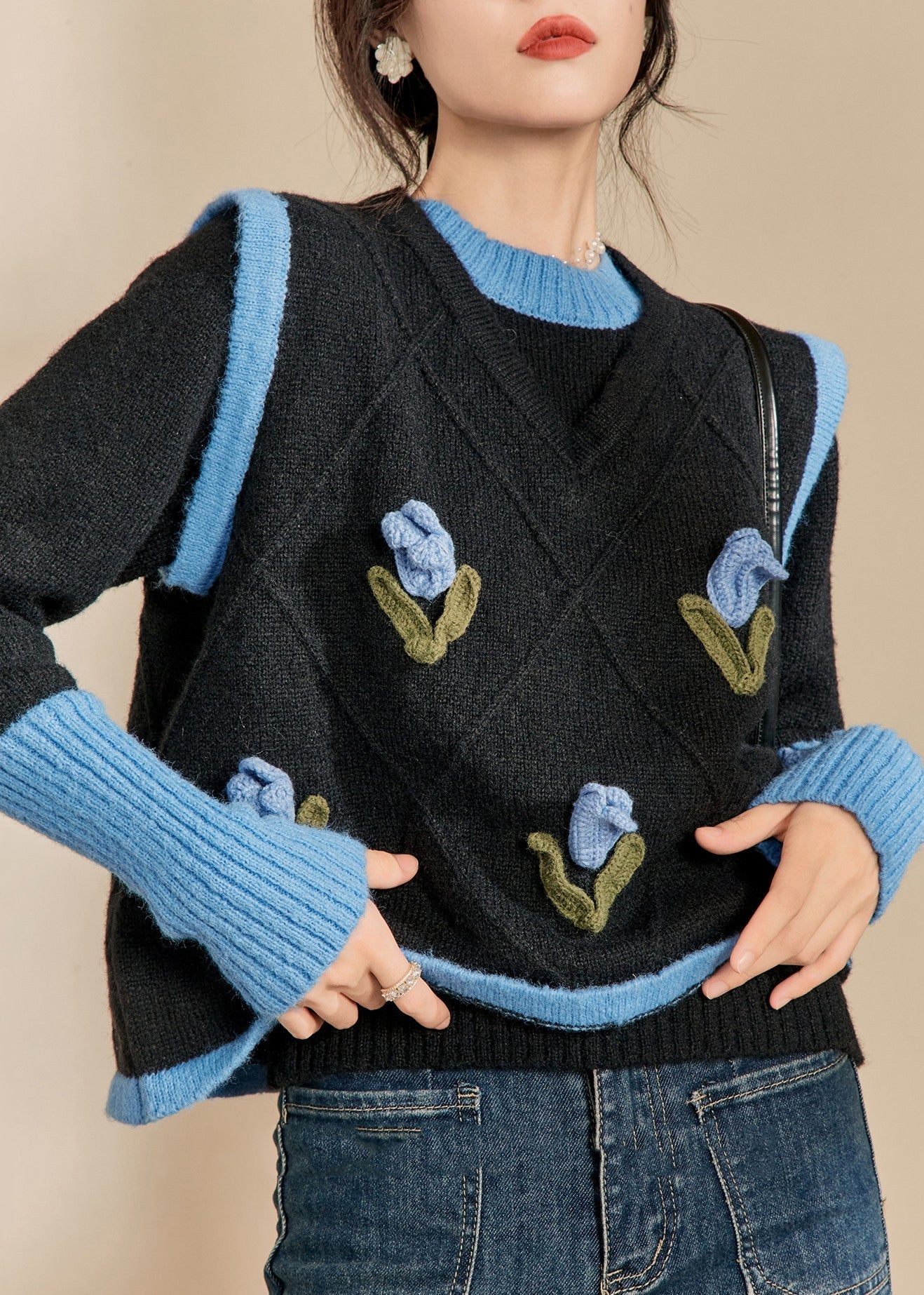 Casual Blue O-Neck Patchwork Cotton Knit Sweaters Winter WV005 ABC