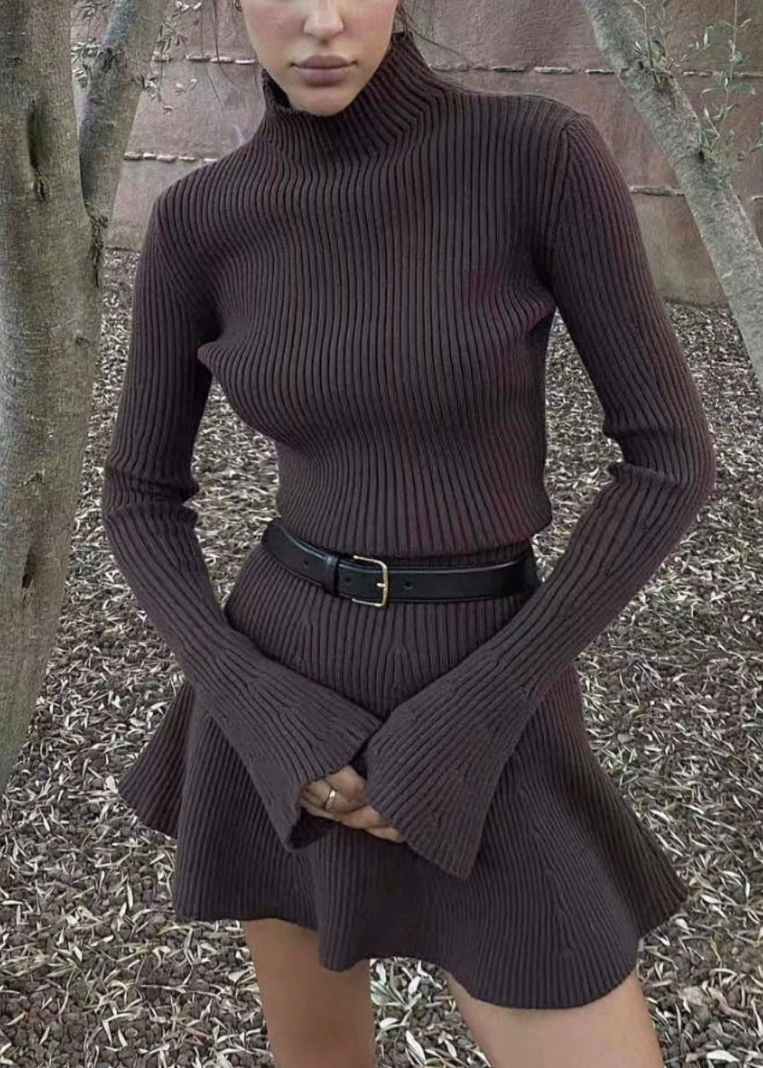 Women Coffee Turtleneck Cozy Knit Mid Dress Flare Sleeve AN1007 Genistyle Shop