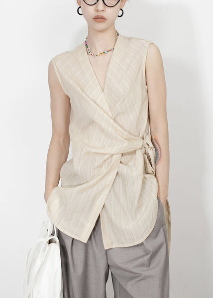 Stylish Brown V Neck Lace Up Silk Cotton Tank Sleeveless EE056 shopify