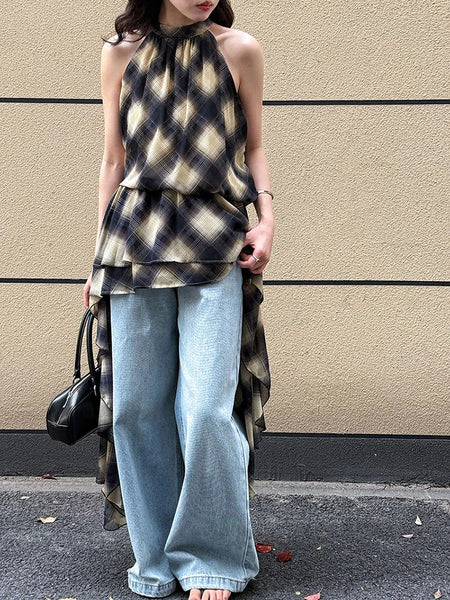 Asymmetric Khaki Plaid Neck Sleeveless Top High-Low Uniaue Halter FashionChic