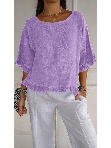 Women's Cotton Linen Blouse Solid Color Stylish Casual Half FashionChic