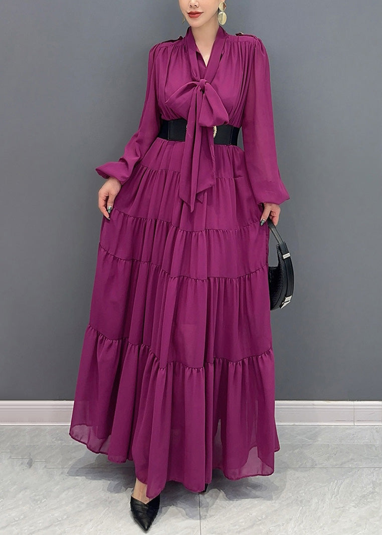 Chic Purple V Neck Patchwork Party Chiffon Long Dress Fall AO1040 JDML-FDL240909