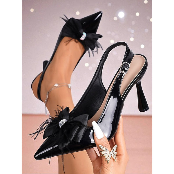 Patent Leather Women's Slingback Feather with Black Heels FashionChic