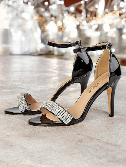 Black Heel High Patent Rhinestone Sandals Leather with FashionChic