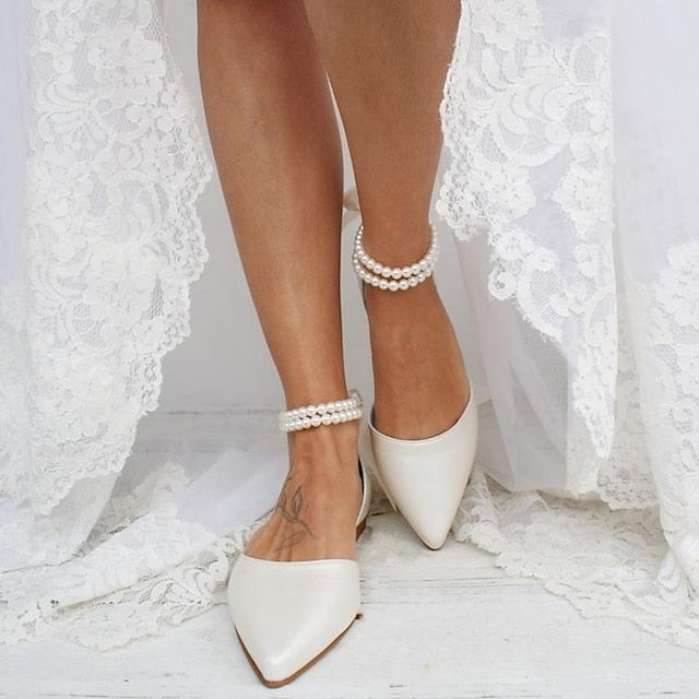 Bridal Pearl Women's Strap Elegant – White Flats Ankle FashionChic