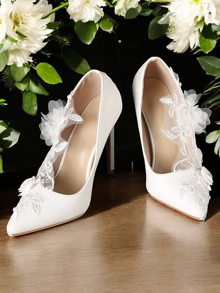 Lace White Wedding Shoes Embellishments Floral with FashionChic