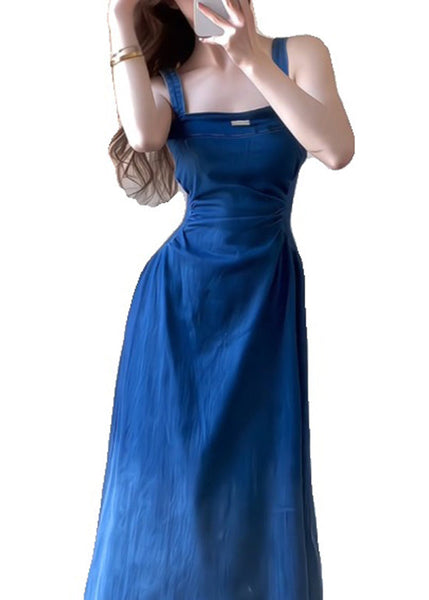 Boutique Dress Blue Slim Denim Summer Strap Fit Spaghetti FashionChic