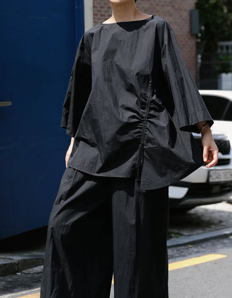 Casual Cotton Top Drawstring Sleeve Khaki Half Asymmetrical FashionChic