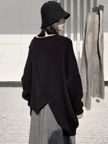 Original Loose Black Round-Neck Batwing Sleeve Irregular Hem Knit Sweater AN1037 Genistyle Shop
