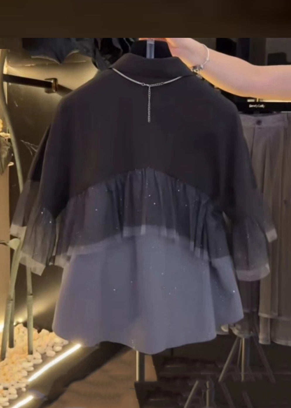 French Black Wrinkled Button Tulle Patchwork Shirt Summer NN042 shopify