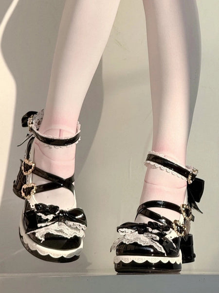 High Sweet Black Lace Bow Lolita Heel Cake-shaped Platform - Embellishments Heels with Edging FashionChic