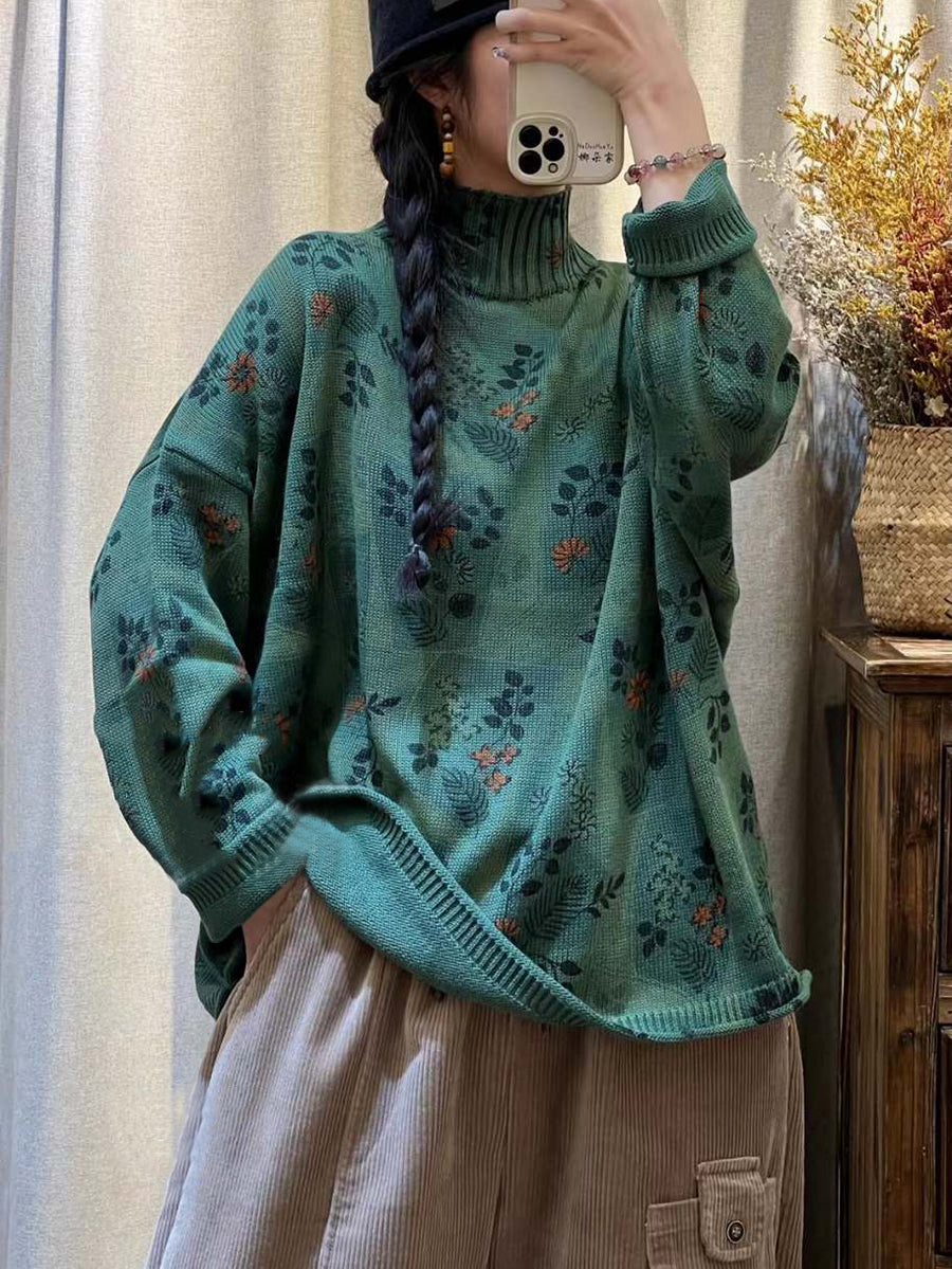 Women Vintage Flower Knitted Turtleneck Sweater AT1090 KDOY