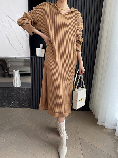 Stylish Apricot V-neck Hooded Long Sleeve Striped Knit Dress AN1044 Genistyle Shop