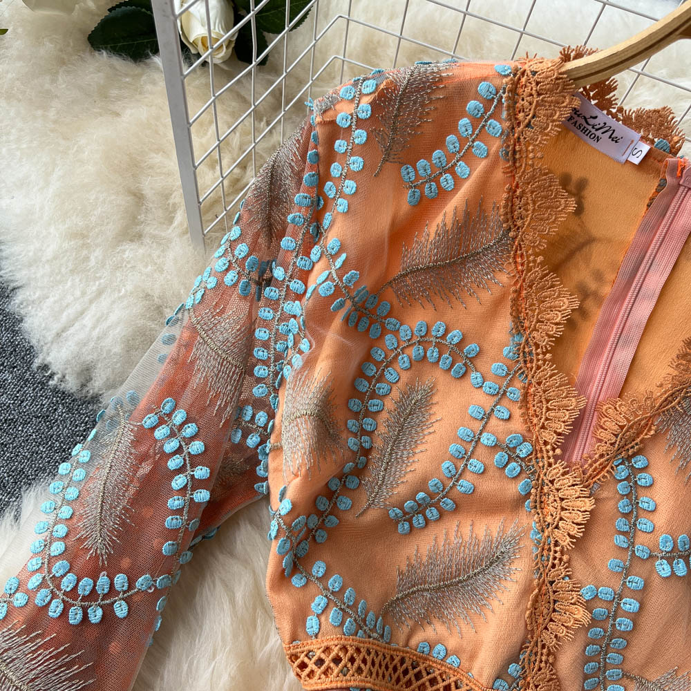 Italian Orange V-Neck Embroidery Tulle Long Sleeve Dress AR1005 shopify