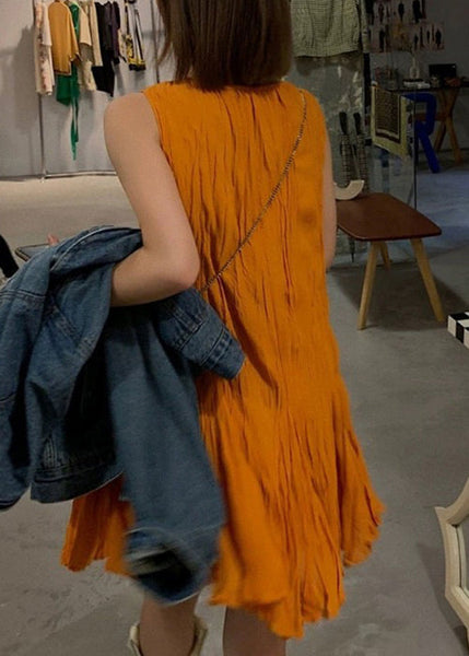 New Orange O Neck Solid Cotton Mid Dress Sleeveless QP038 OL-SDM241001