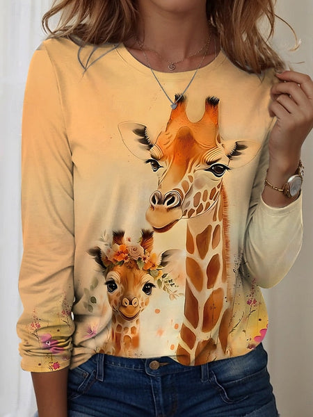 Women's T shirt Crew Neck Long Sleeve Tunic Graphic Animal FashionChic