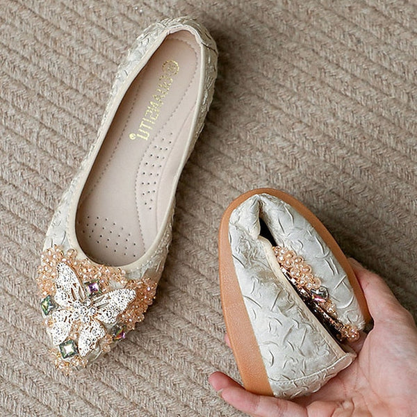 Crystal Flats Embellished Women's Wedding Floral Foldable - FashionChic