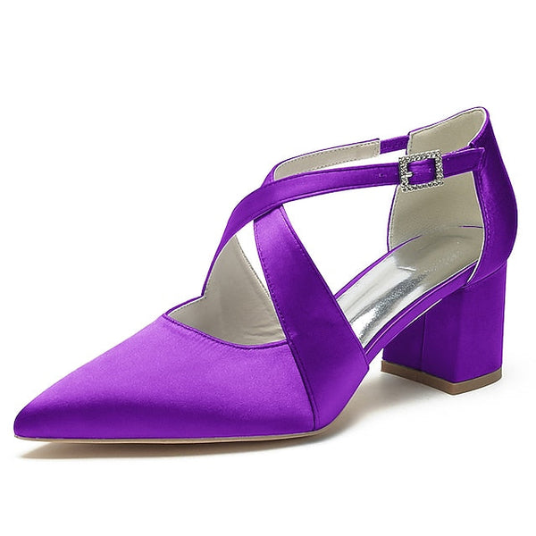 Heels White Pointed Satin Toe Block Women's – Elegant FashionChic