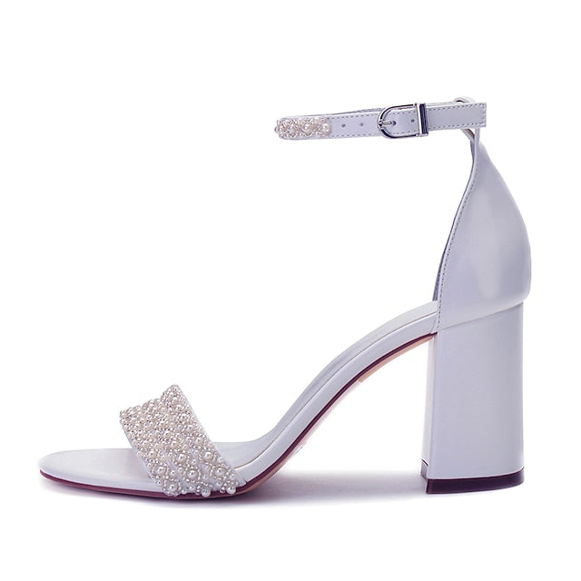 Women's Ankle Embellished White Ivory Block Pearl Strap FashionChic