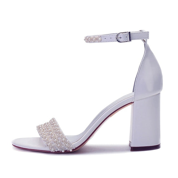 Women's Ankle Embellished White Ivory Block Pearl Strap FashionChic