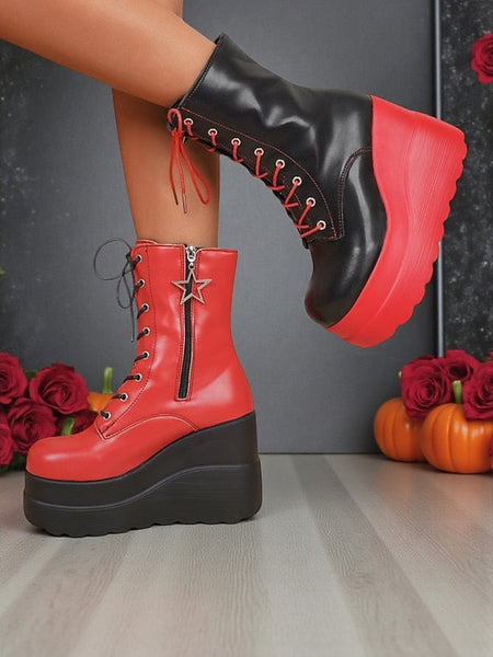 Red Ankle and Lace-Up Platform Women's Boots Black - Bold FashionChic