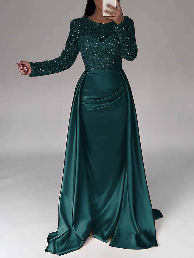 RuchedSatin Dress Sleeves Mermaid Gown Evening Sequin Long FashionChic