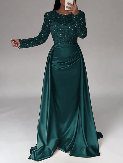 RuchedSatin Dress Sleeves Mermaid Gown Evening Sequin Long FashionChic