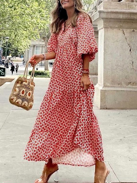 Women's Geometric Print V Neck Lantern Sleeve Maxi Dress FashionChic