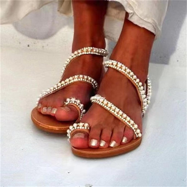 Elegant Pearl-Embellished Sandals – Flat Women's Strappy FashionChic