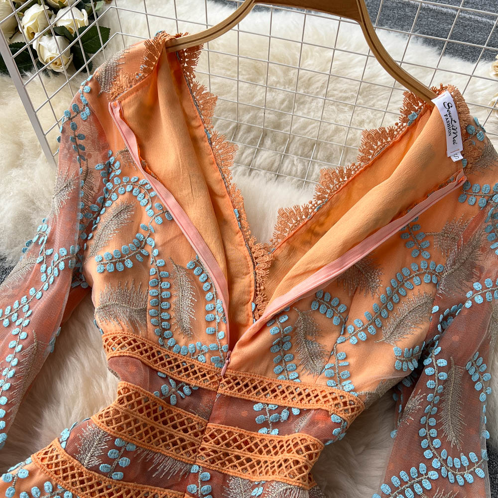Italian Orange V-Neck Embroidery Tulle Long Sleeve Dress AR1005 shopify