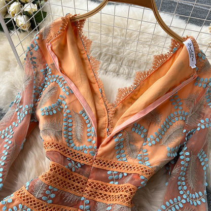 Italian Orange V-Neck Embroidery Tulle Long Sleeve Dress AR1005 shopify