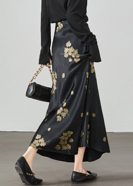 Print New Waist High Summer Skirt Silk Black FashionChic