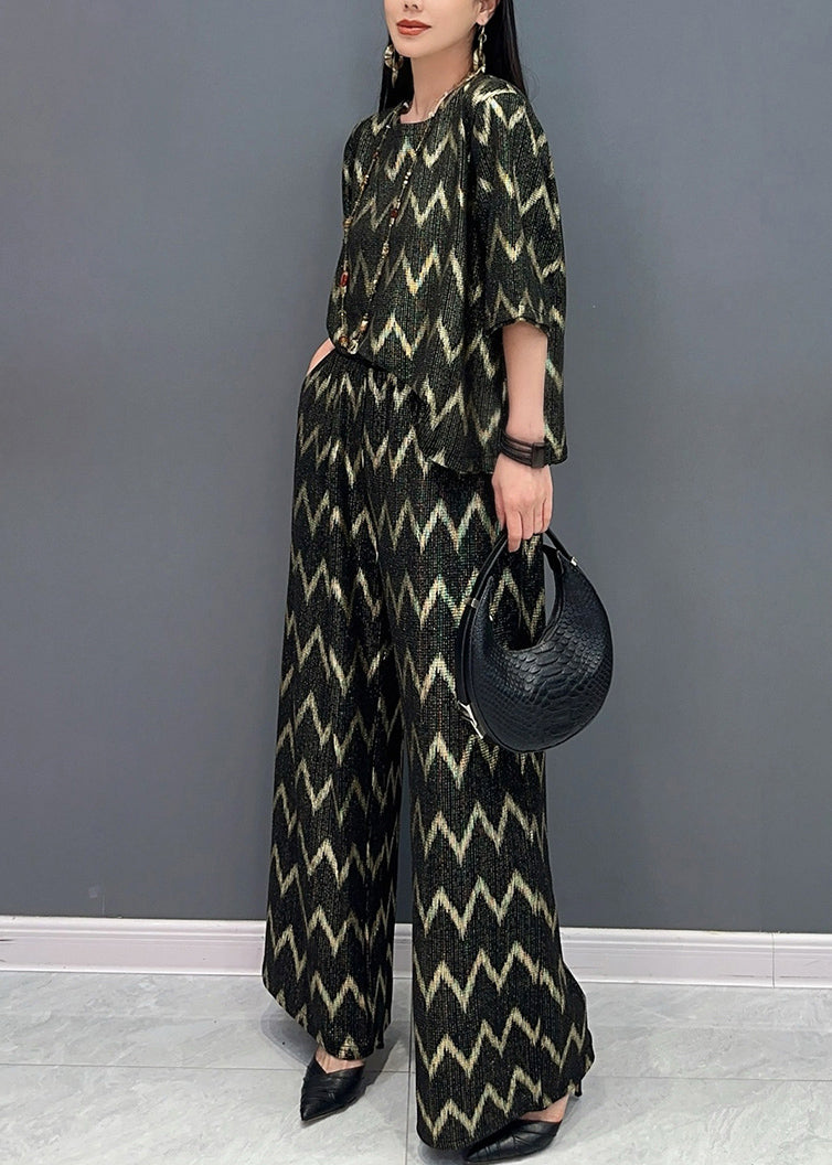 Casual Black Gold O-Neck Print And Wide Leg Pants T Shirt Two Pieces Set Short Sleeve AO1059 JDML-TPIEC240909