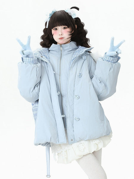 Hood Down Detachable Daily Kawaii Light Coat with Blue Two-piece FashionChic