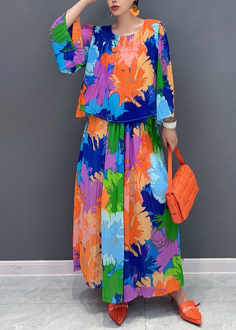 Organic Rainbow O-Neck Print Top And Wide Leg Pants Two Piece Suit Set Fall AO1052 JDML-TPIEC240909