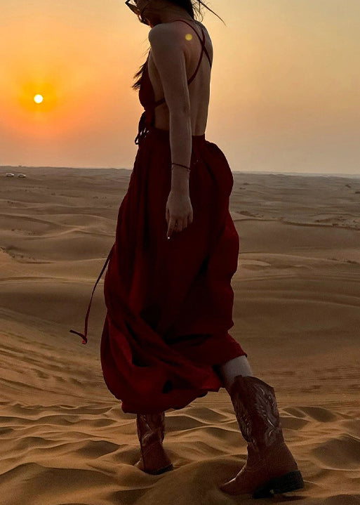 Sexy Wine Red V Neck Backless Cotton Spaghetti Strap Dress Sleeveless AJ1037 shopify